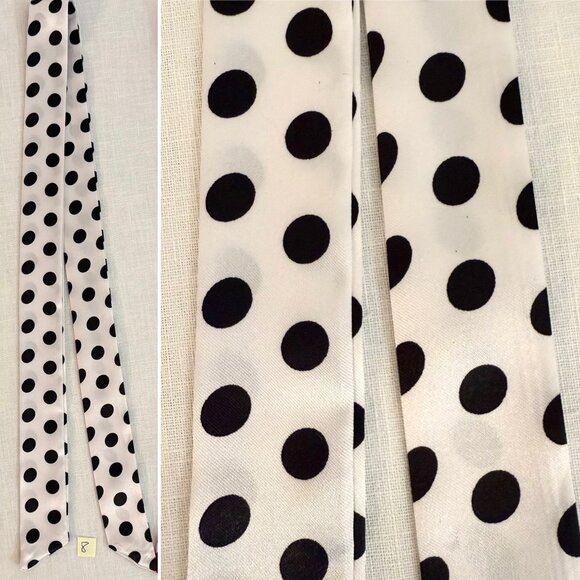 Polka Dot Slim Silk Scarf 34in White Black Retro Coquette Pinup Style No23 - Picture 2 of 8